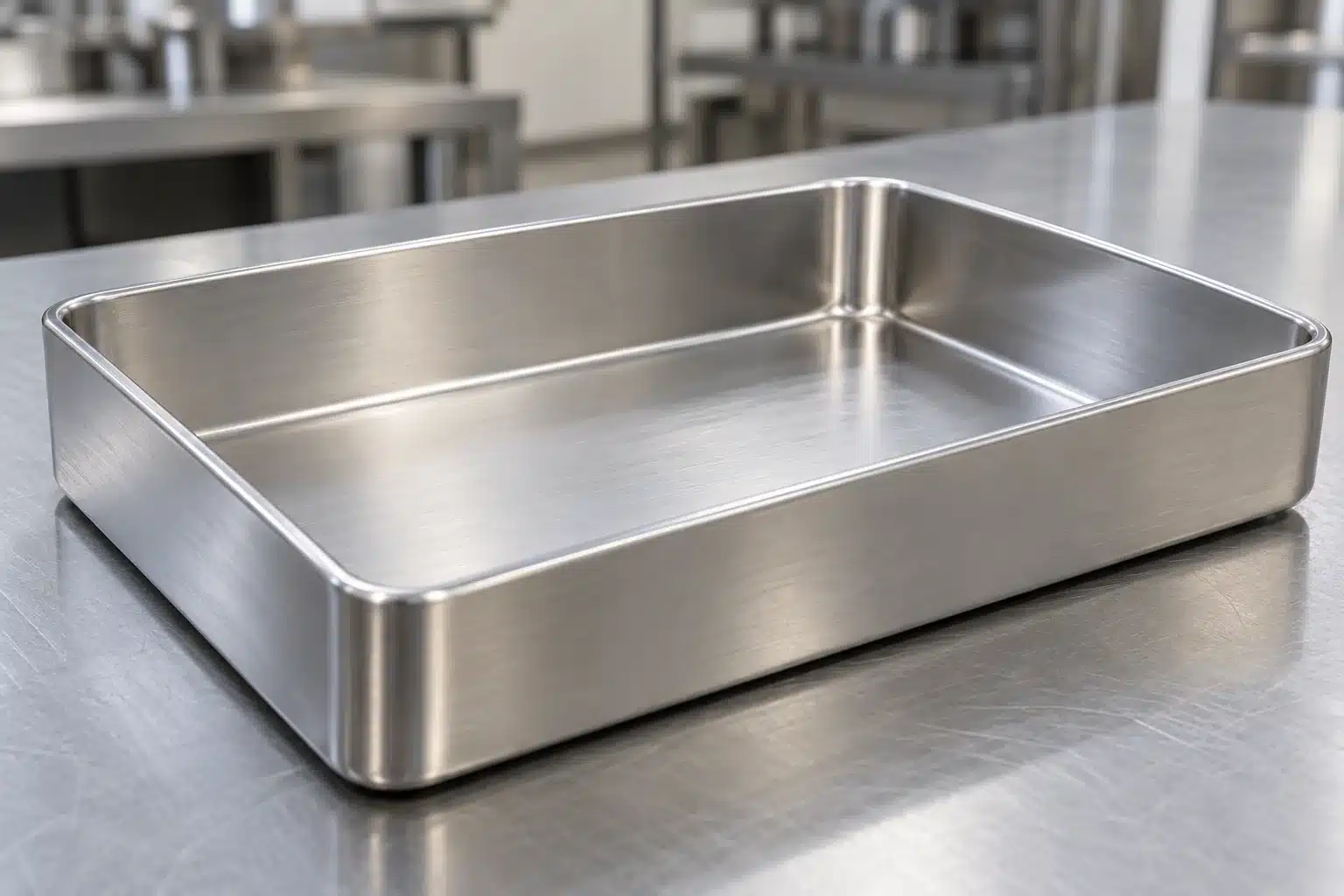 Vaschetta in acciaio inox satinato con angoli raccordati e superfici lisce
