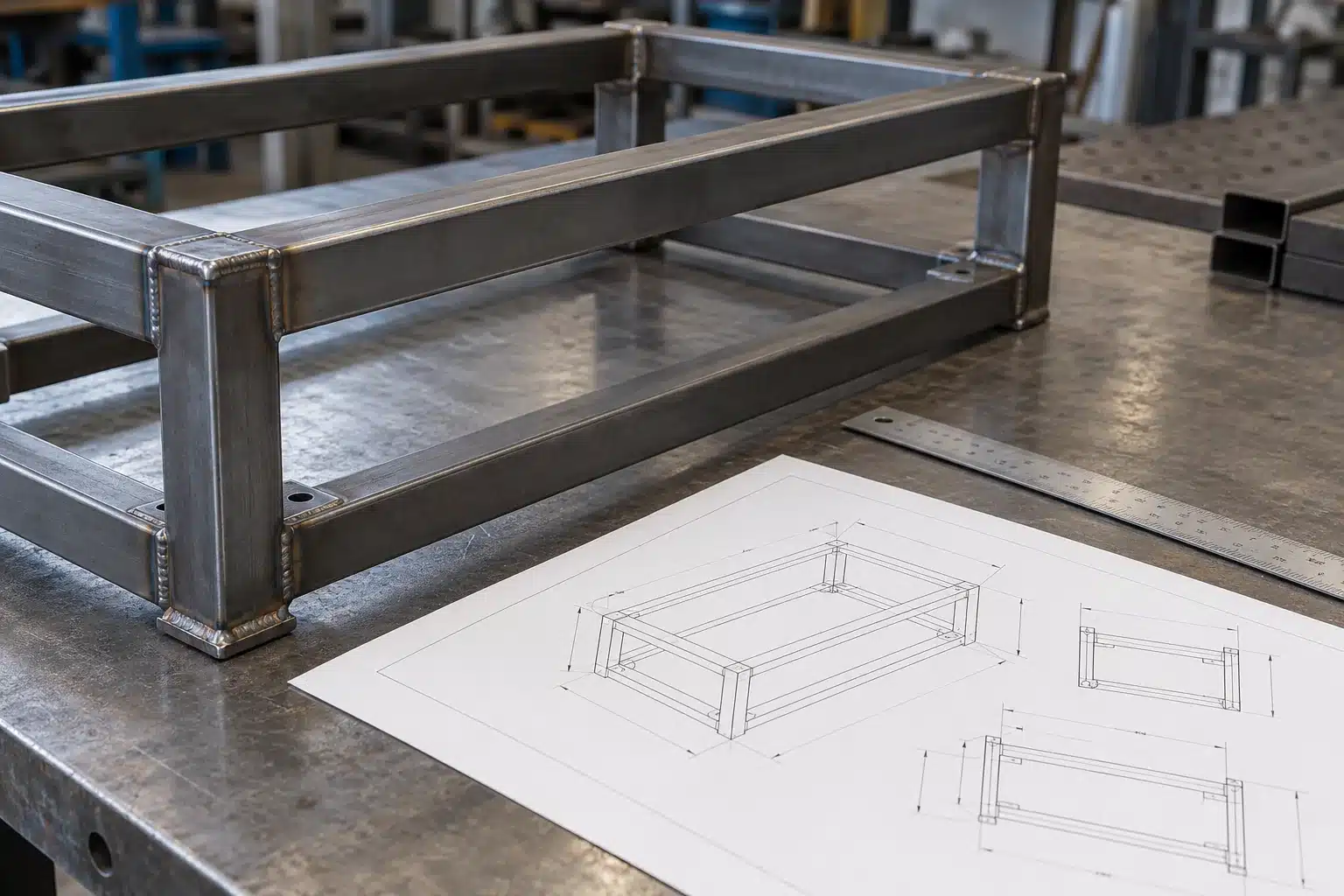 Telaio in acciaio accanto al disegno tecnico di una struttura su misura
