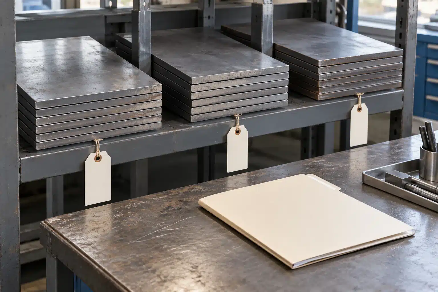 Lamiere separate in gruppi su scaffale con cartellini e cartella documentale